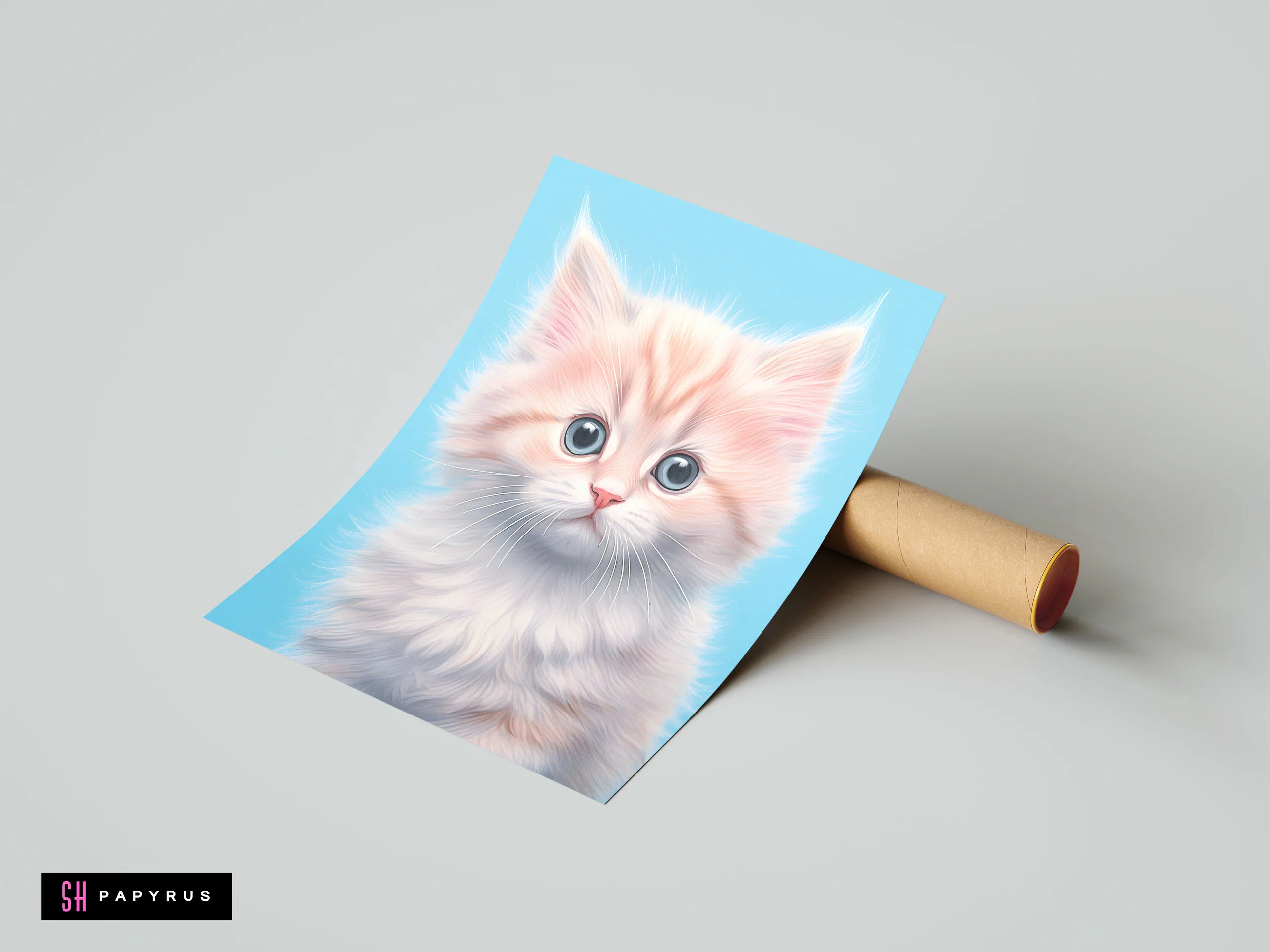 Fluffy ginger kitten art print with big blue eyes on a light blue background