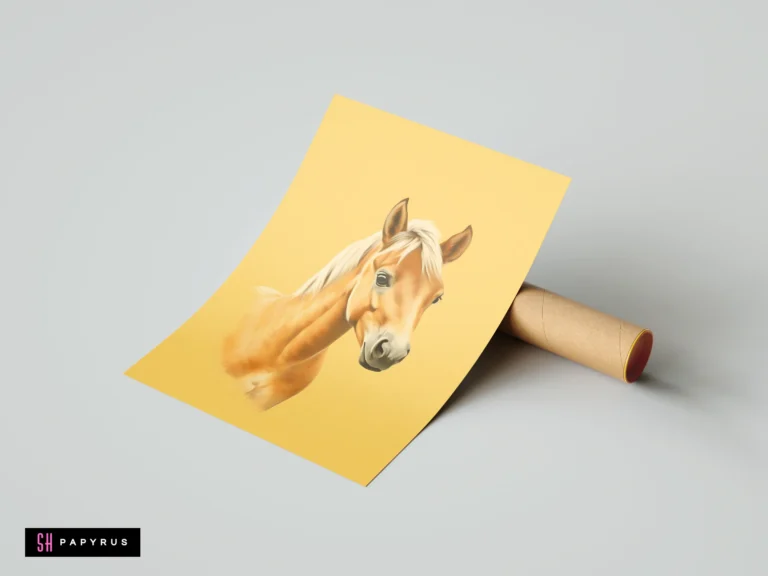 Realistic digital illustration of a tan horse portrait on a solid yellow background.