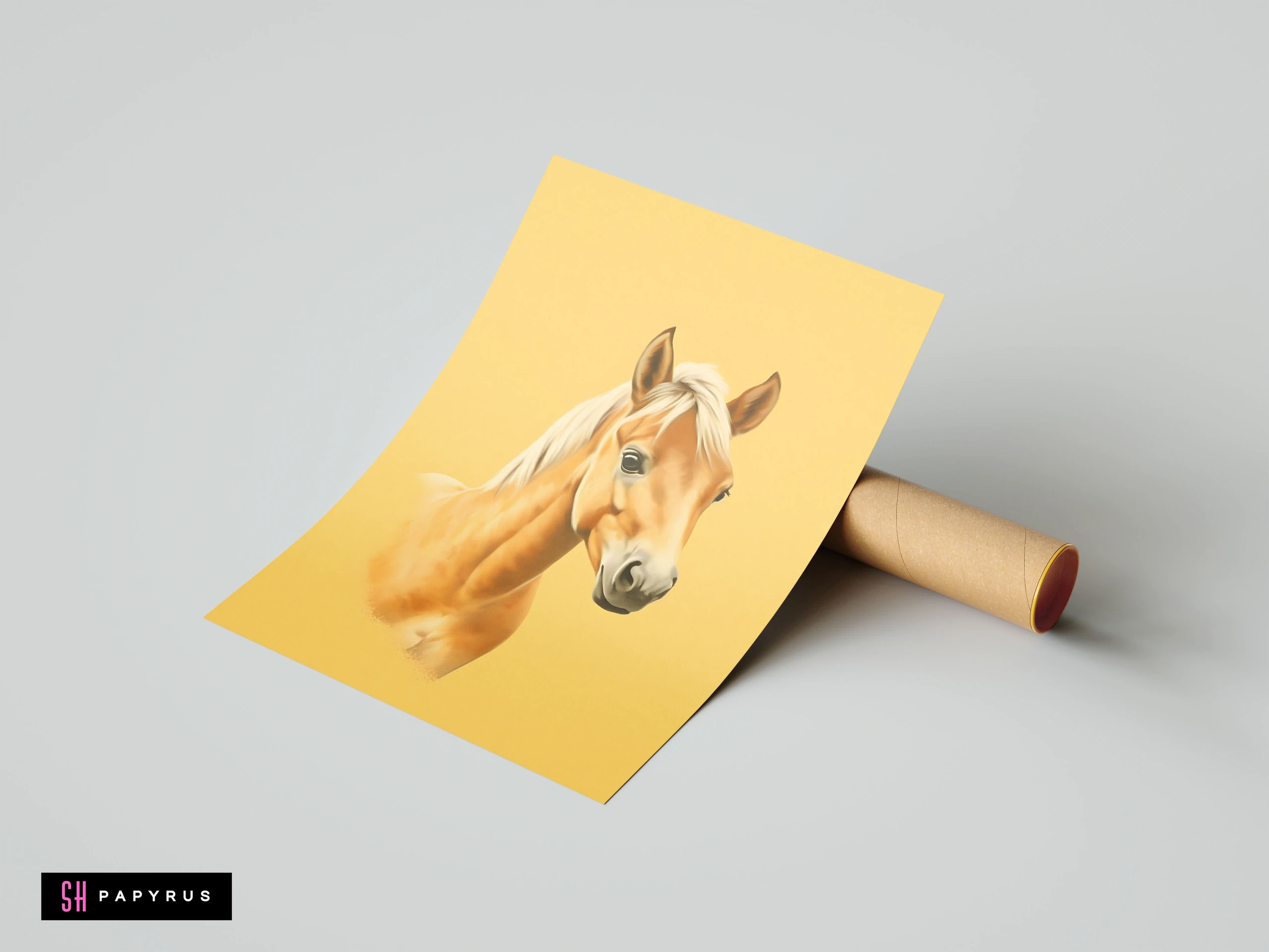 Realistic digital illustration of a tan horse portrait on a solid yellow background.