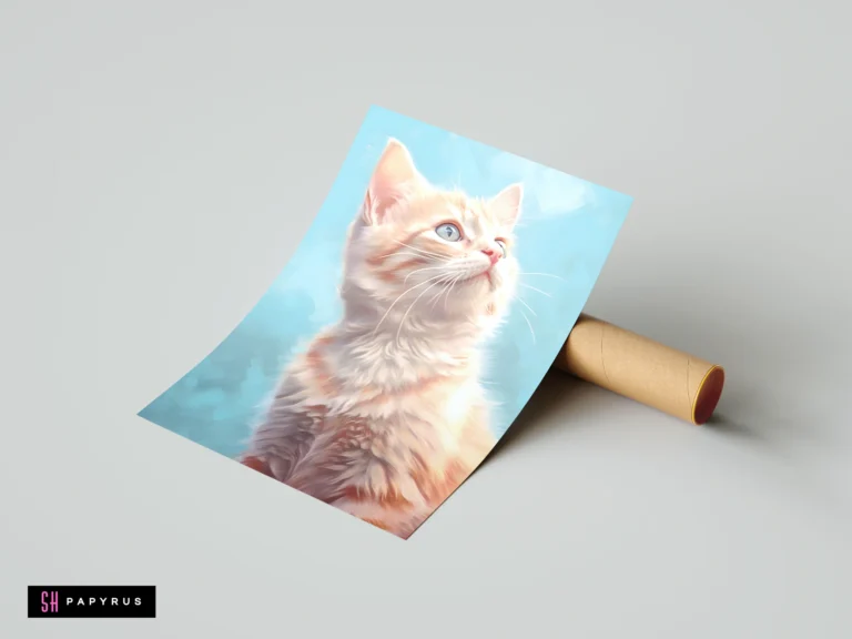 Digital art print of an orange tabby kitten against a soft blue sky background.