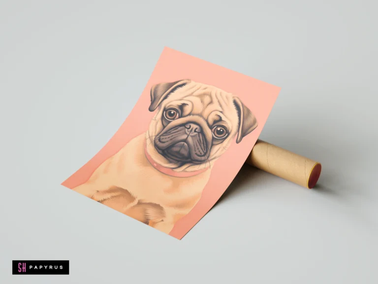 Illustrated pug dog portrait art print with a peach background for kids' room wall decor.