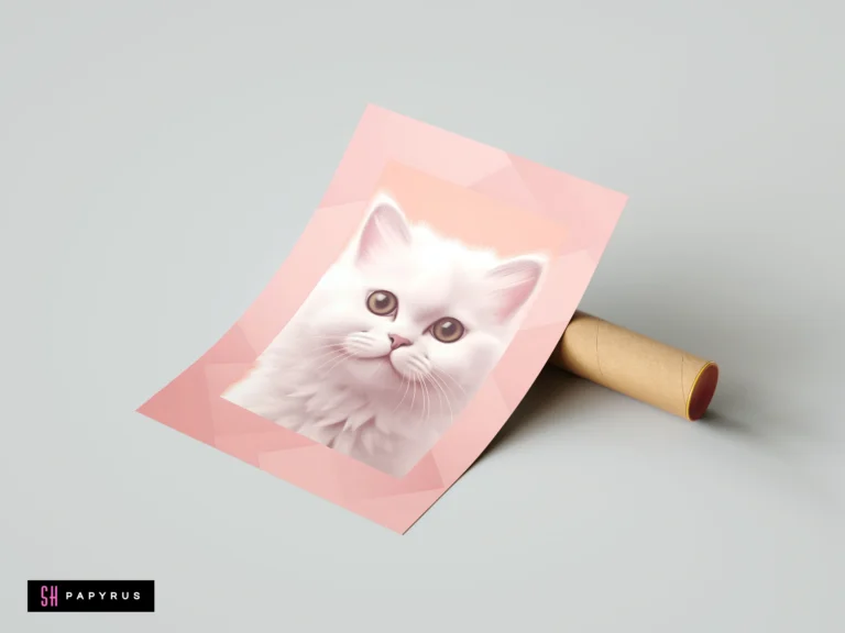 Fluffy white kitten portrait on pink geometric background, soft digital art for nursery decor.