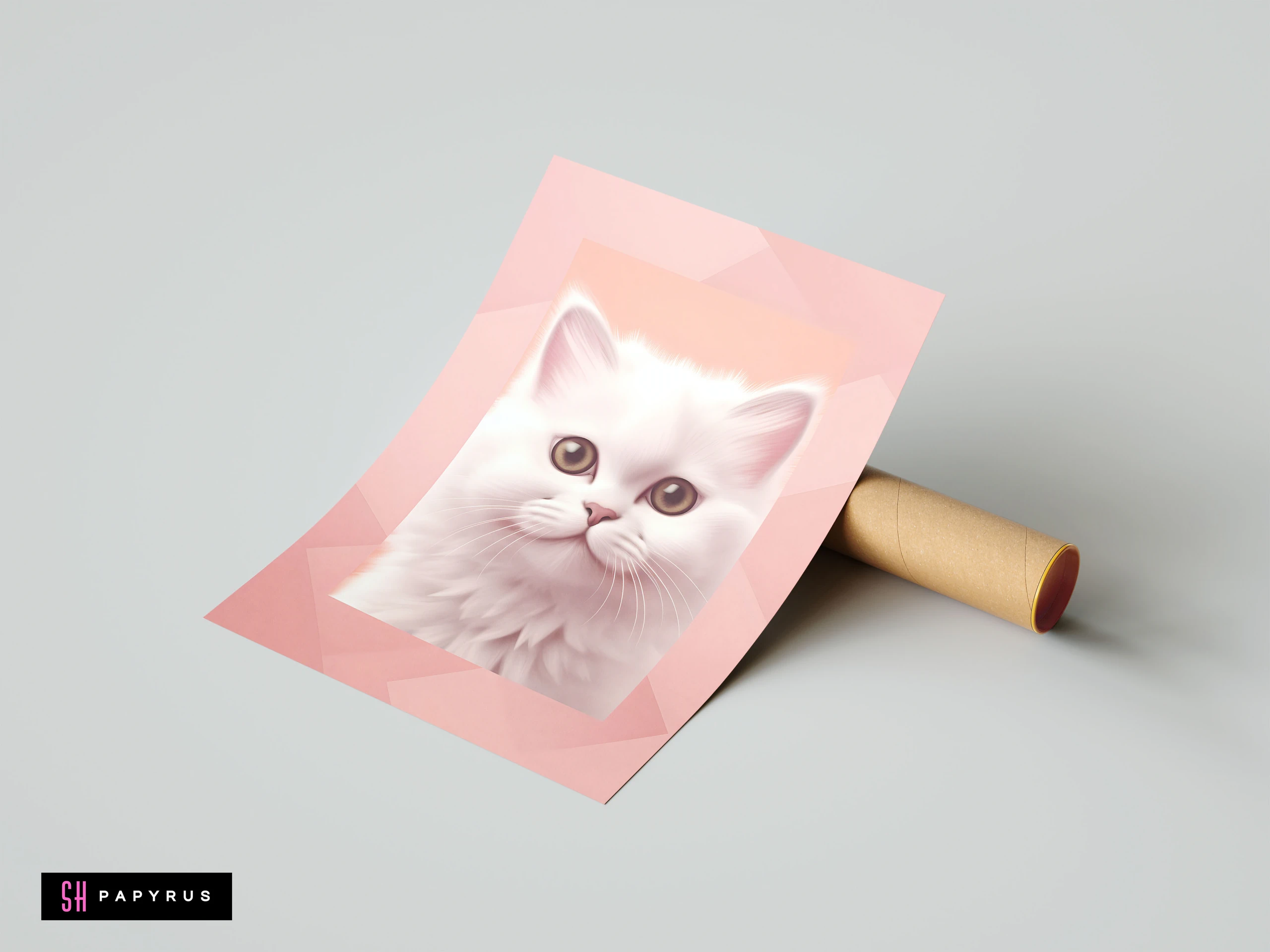 Fluffy white kitten portrait on pink geometric background, soft digital art for nursery decor.