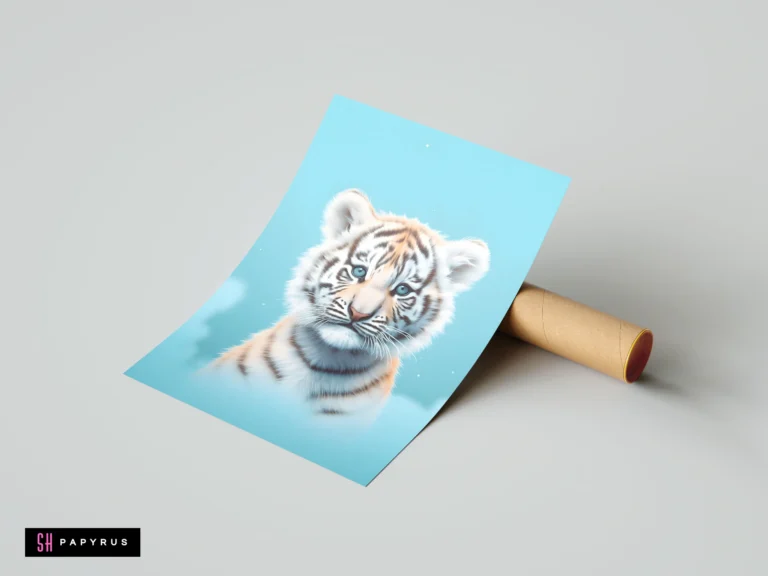 Softly painted white tiger cub portrait with blue eyes on a light blue background.