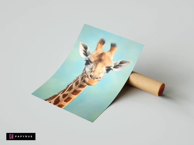 Realistic digital painting of a baby giraffe head on a soft teal background nursery art.