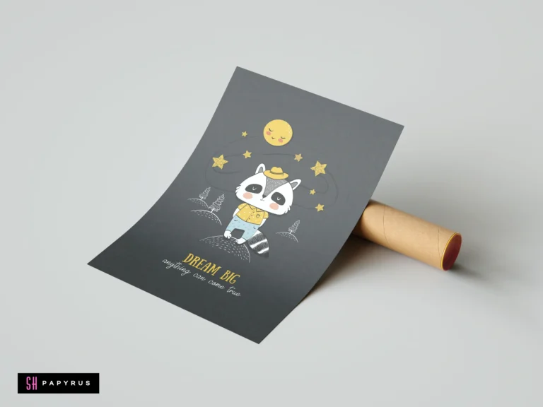 Whimsical raccoon art print on charcoal grey with yellow moon and 'Dream Big' text.