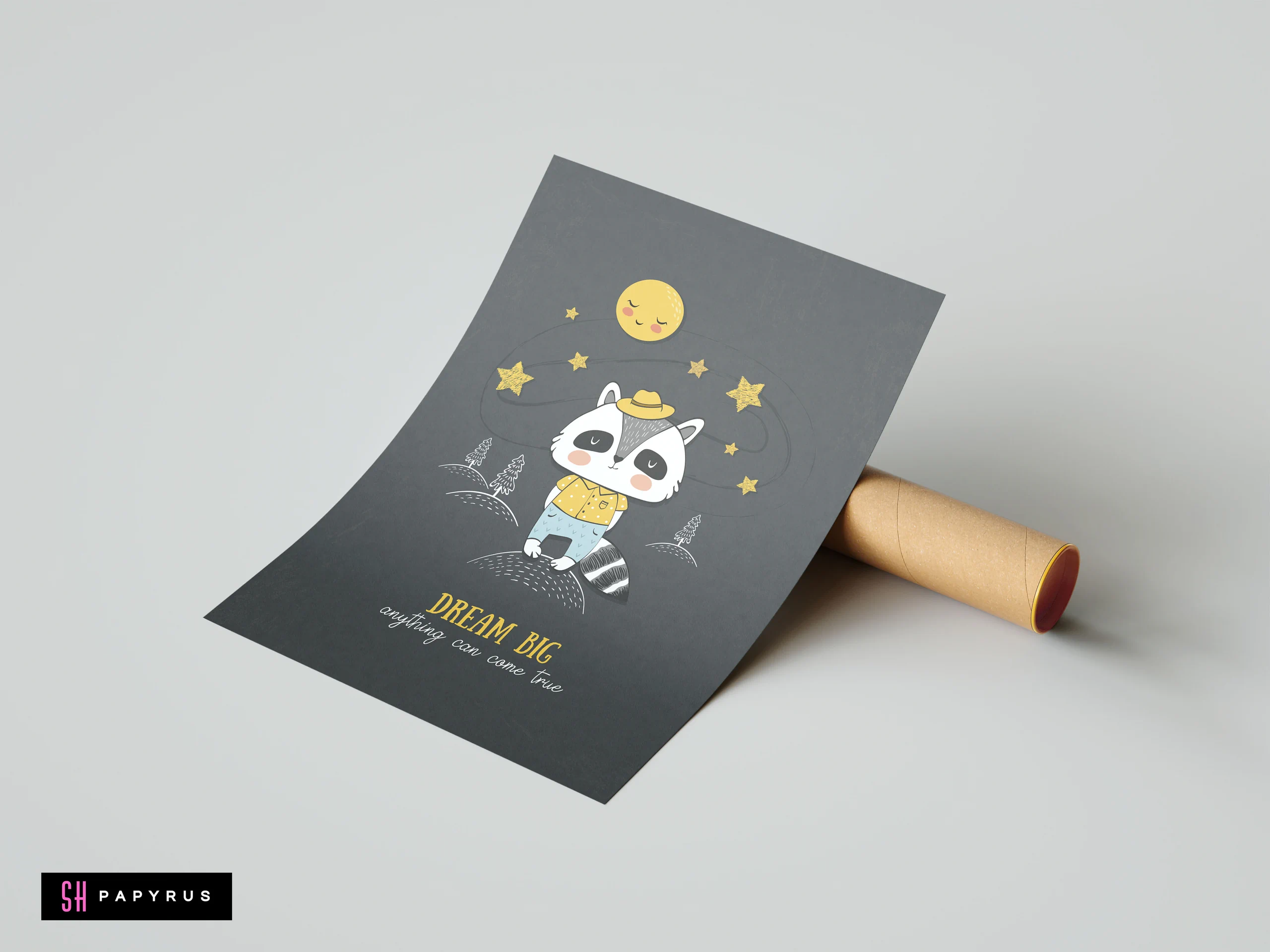Whimsical raccoon art print on charcoal grey with yellow moon and 'Dream Big' text.