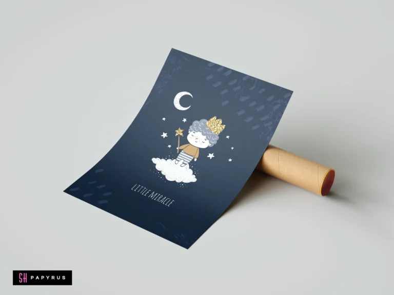 Whimsical nursery wall art of a boy on a cloud against a navy starry sky.