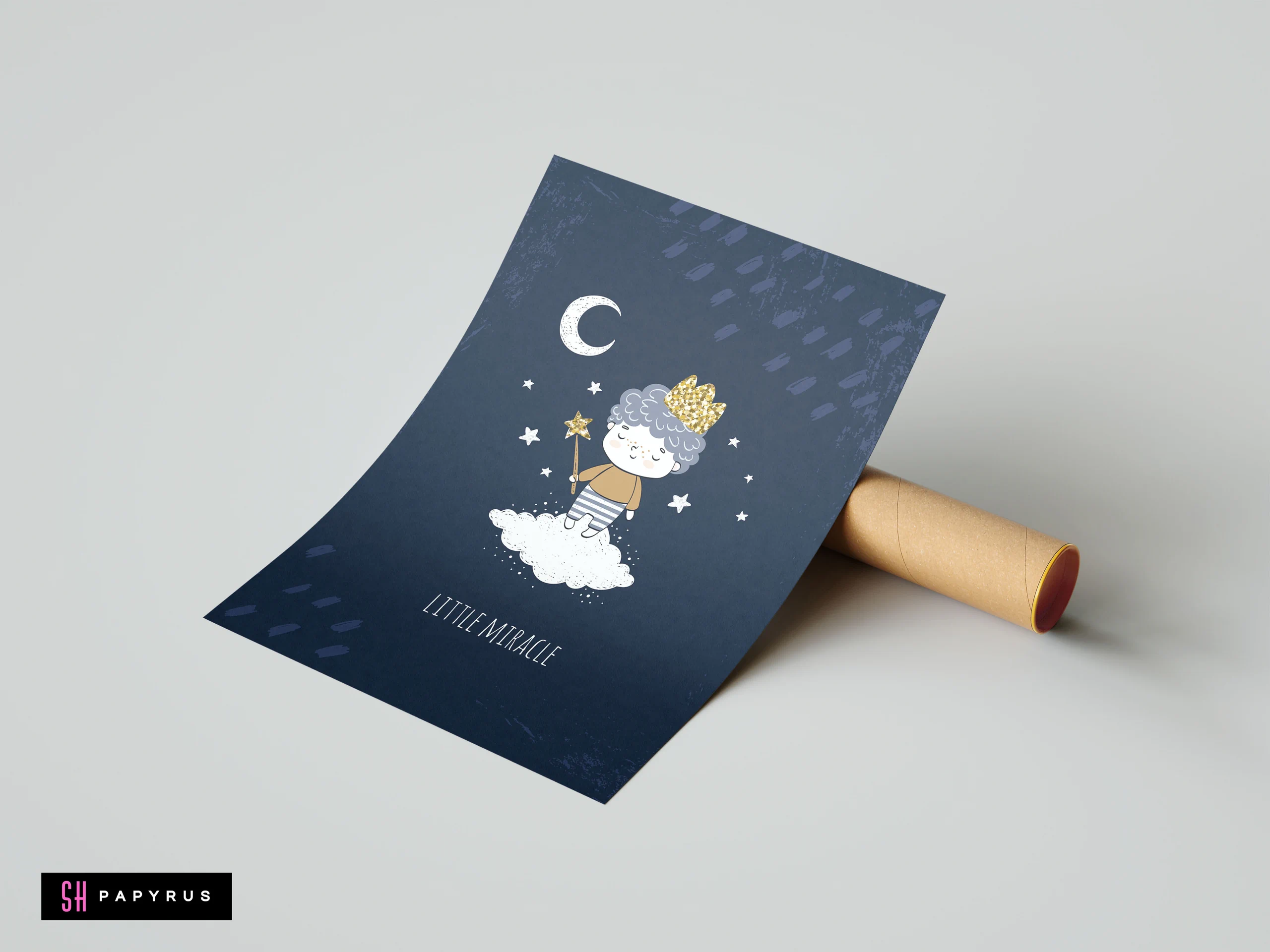 Whimsical nursery wall art of a boy on a cloud against a navy starry sky.