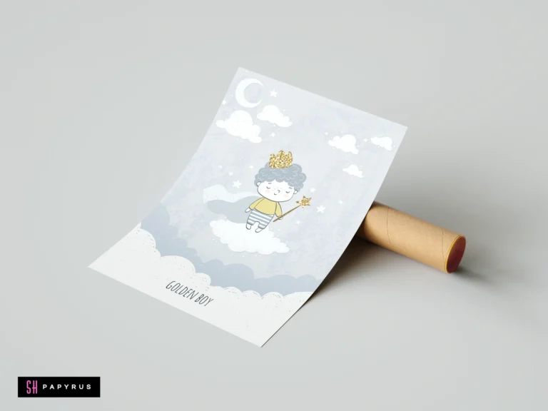 Whimsical nursery illustration of a prince boy with a gold crown and star wand.