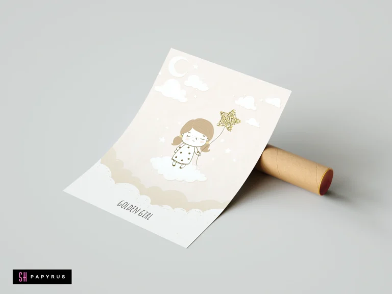 Whimsical pastel nursery art of a girl on a cloud holding a gold star.