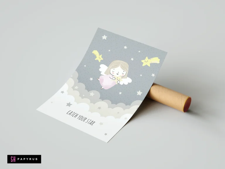 Whimsical nursery wall art print featuring a fairy catching stars in a grey sky.