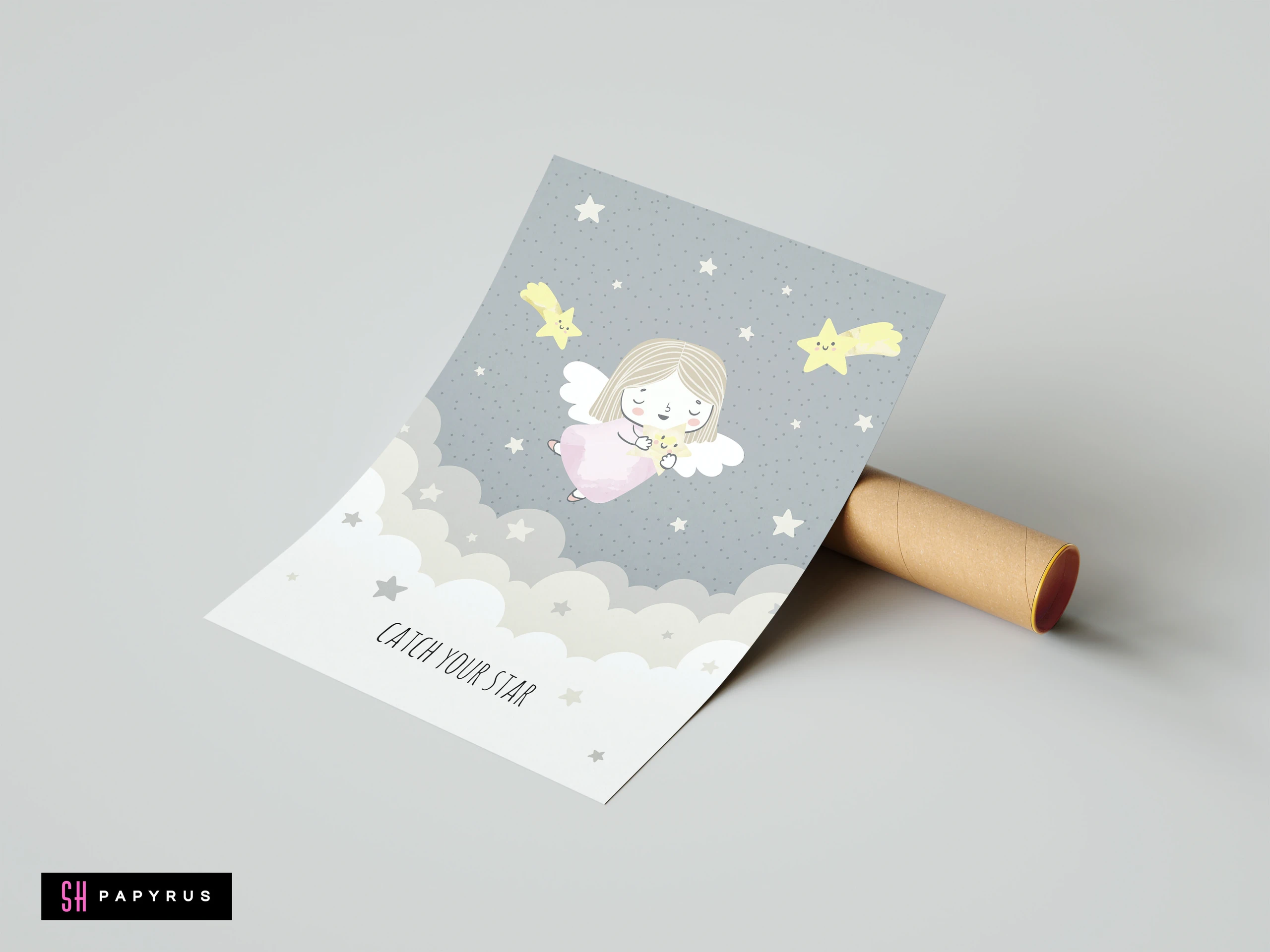 Whimsical nursery wall art print featuring a fairy catching stars in a grey sky.