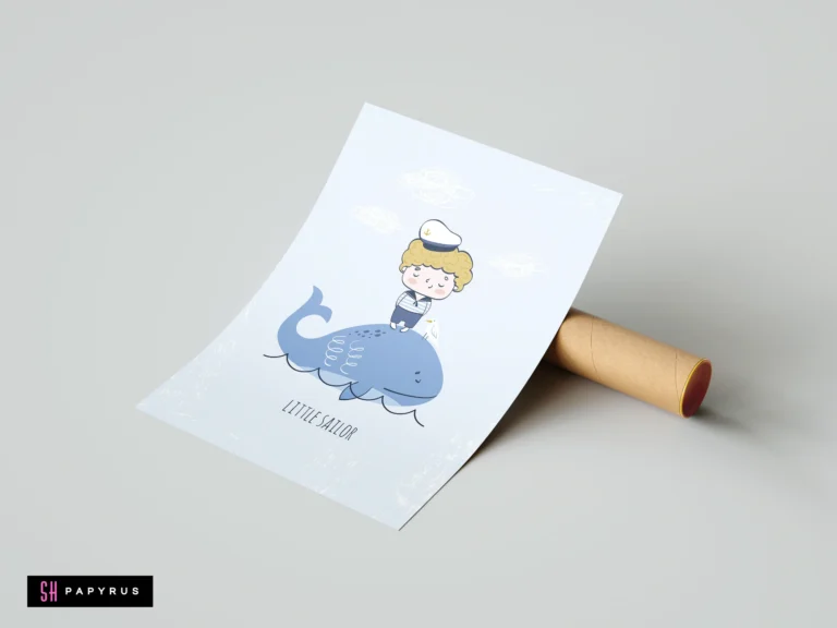 Little sailor boy standing on a blue whale, nautical nursery wall art illustration.