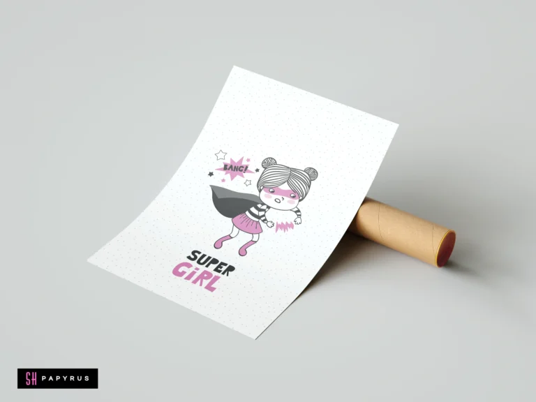 Minimalist pink and grey superhero girl art print for nursery with comic style text.