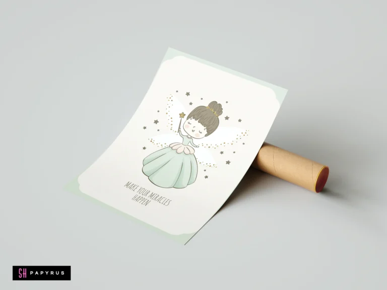 Whimsical fairy illustration in mint green with gold glitter accents and inspirational nursery quote.
