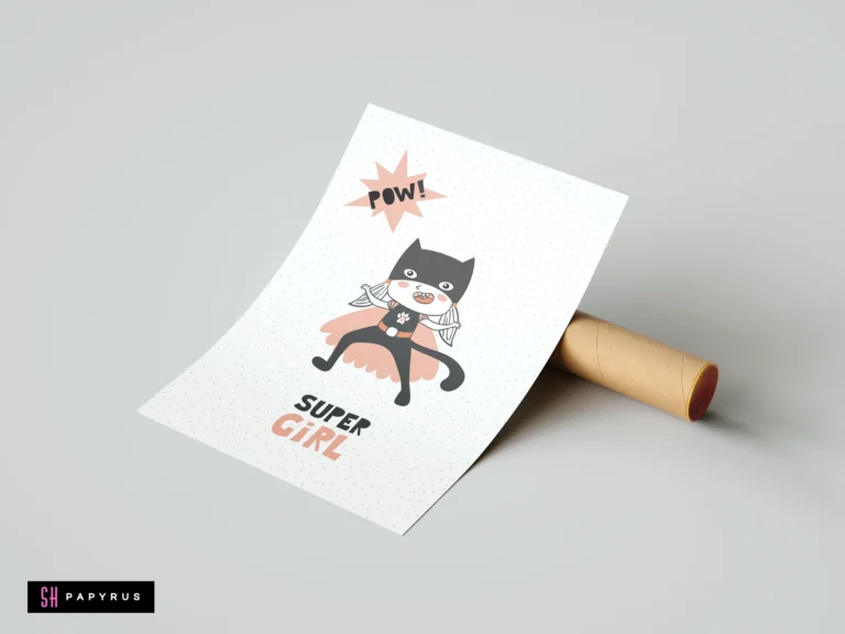 Modern superhero cat art print with peach cape and 'Super Girl' text for nursery.