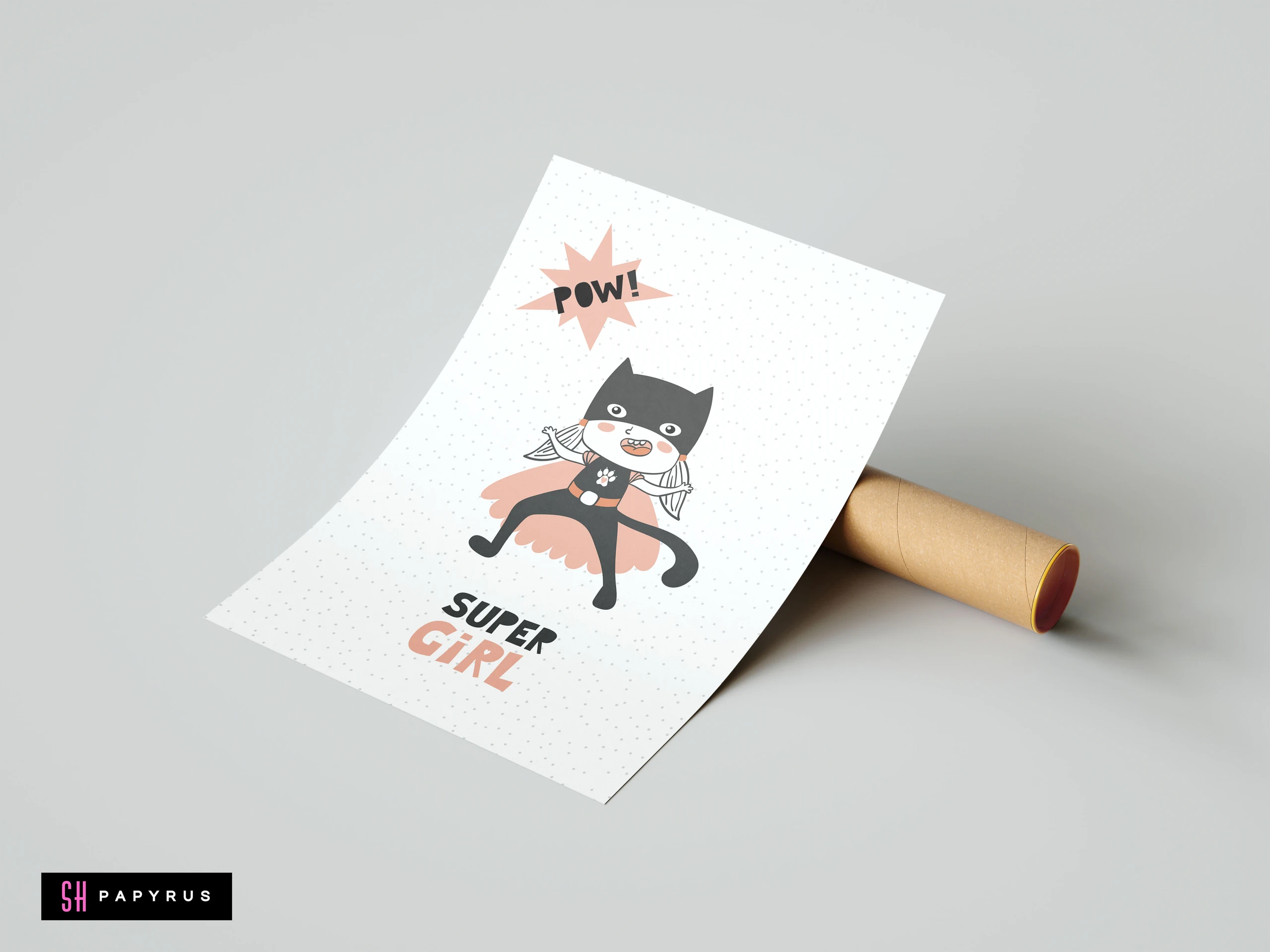 Modern superhero cat art print with peach cape and 'Super Girl' text for nursery.