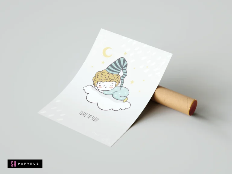 Whimsical nursery print of a boy sleeping on a cloud with moon and stars.