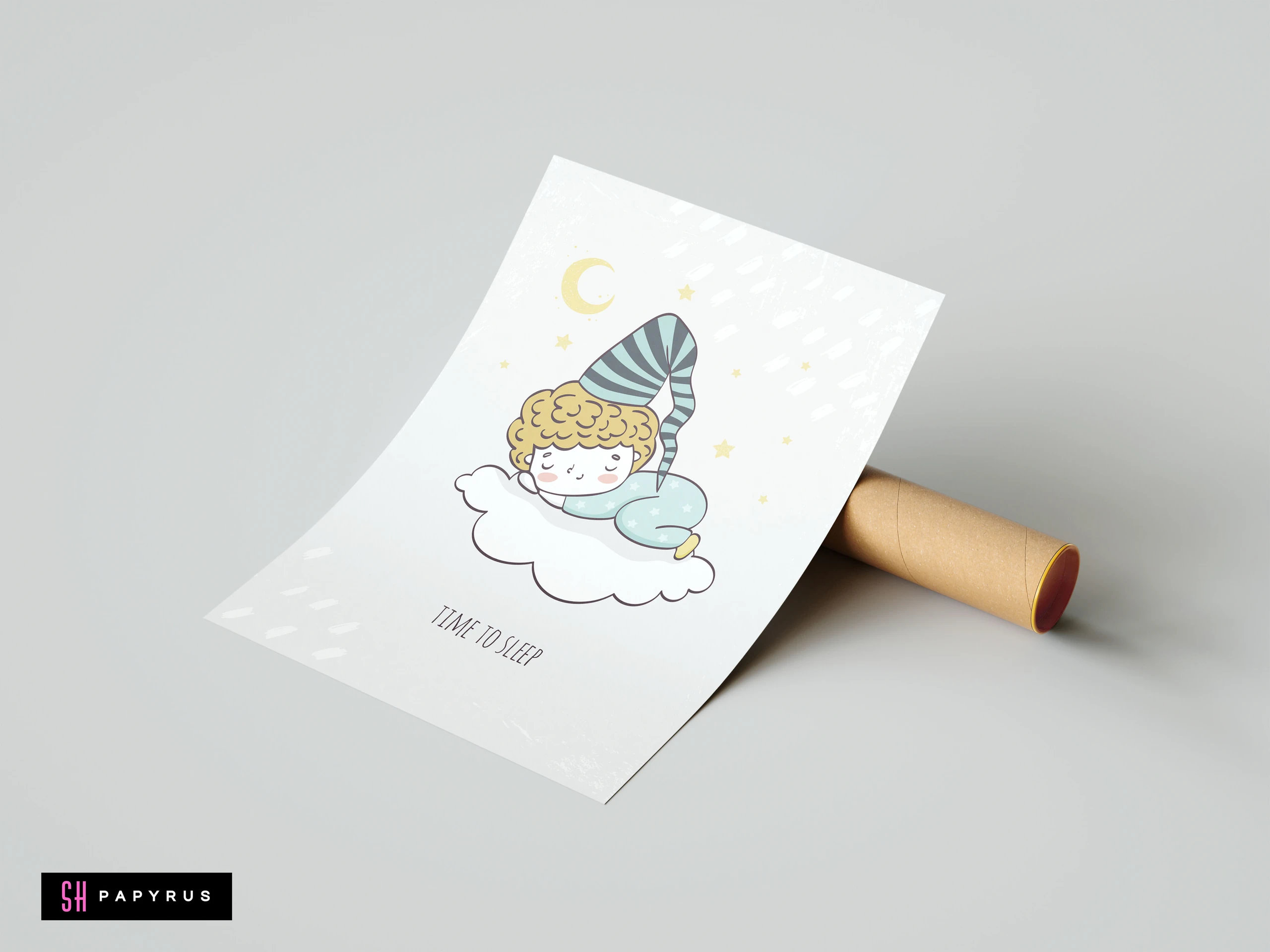 Whimsical nursery print of a boy sleeping on a cloud with moon and stars.