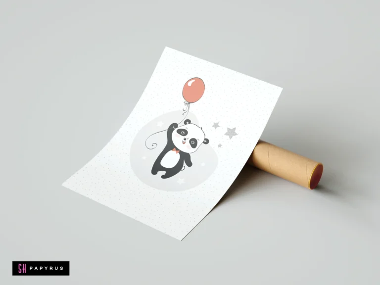 Minimalist panda illustration holding a red balloon on a starry background for nursery decor.