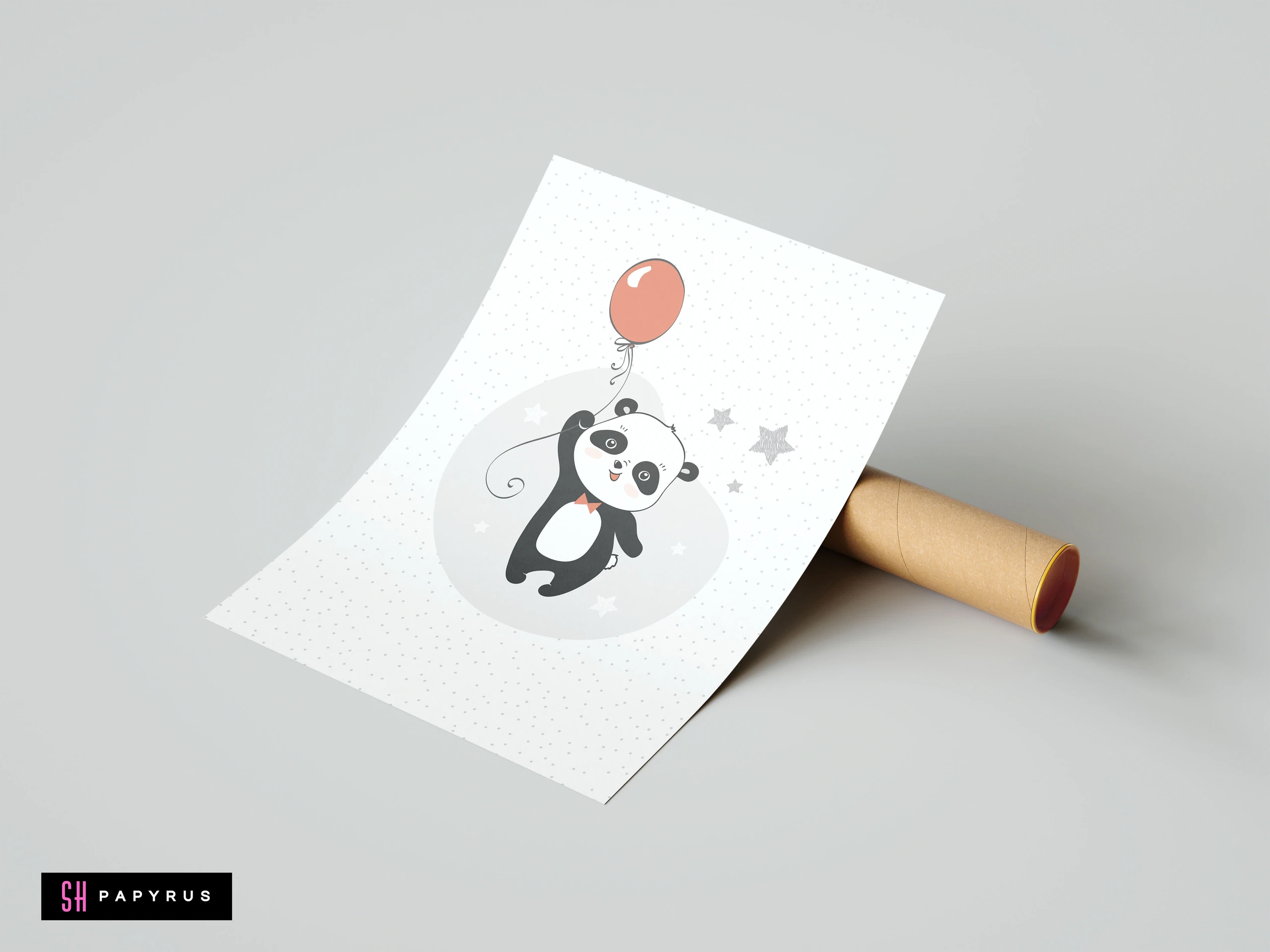 Minimalist panda illustration holding a red balloon on a starry background for nursery decor.