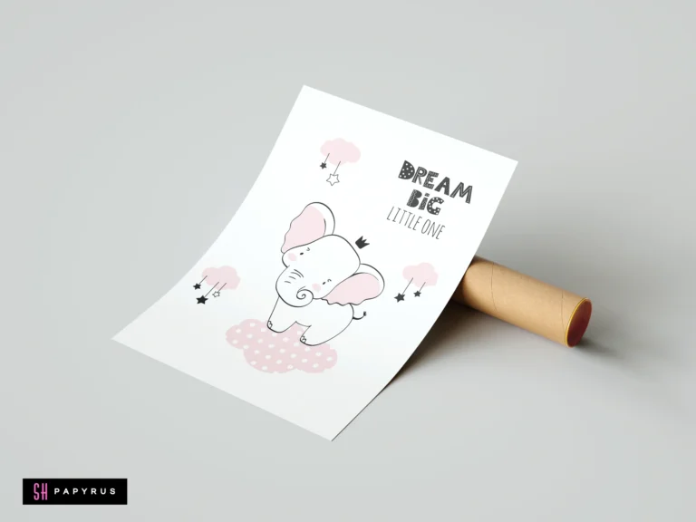 Minimalist nursery elephant art print with pink clouds and Dream Big Little One text.