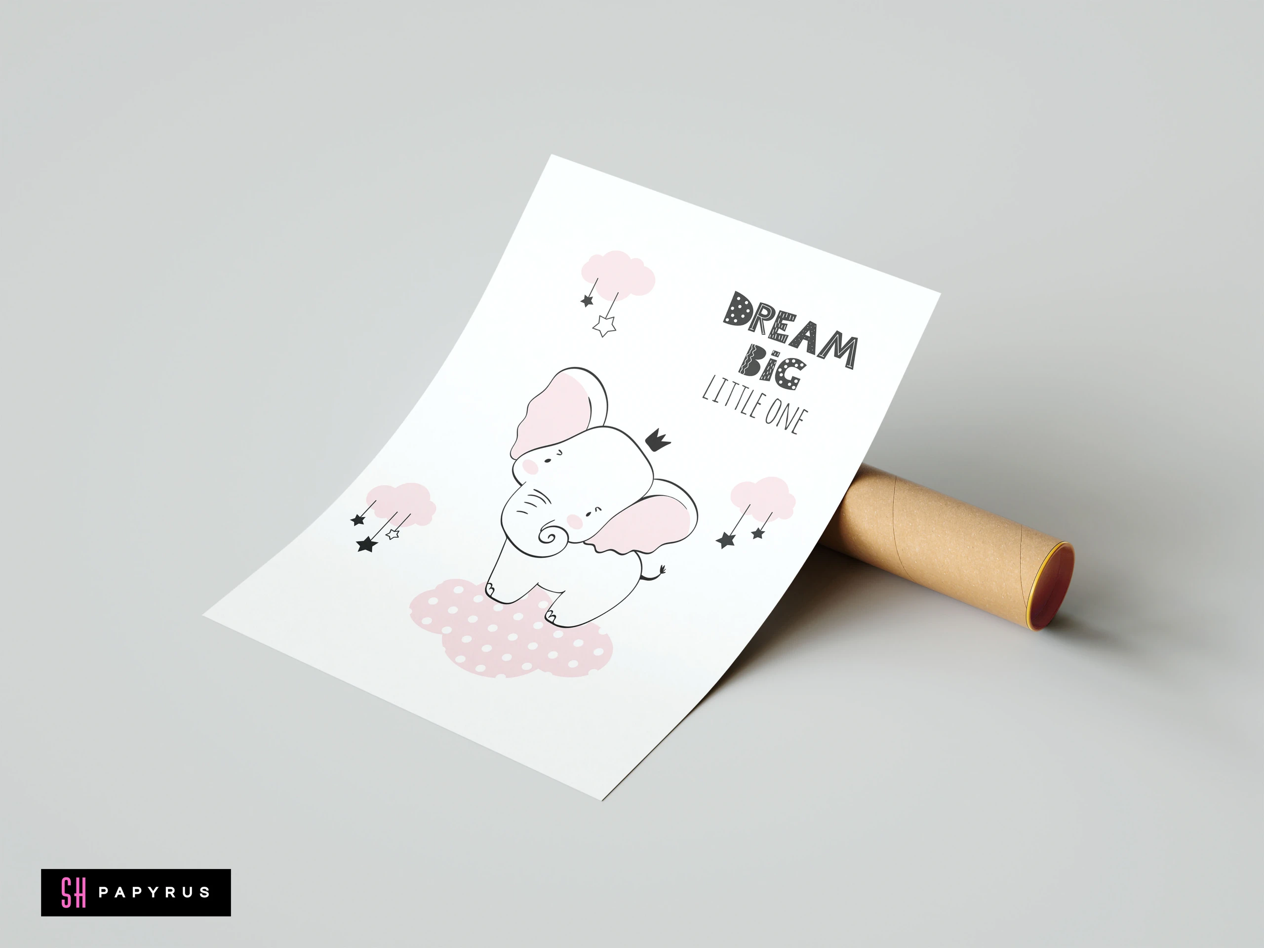 Minimalist nursery elephant art print with pink clouds and Dream Big Little One text.