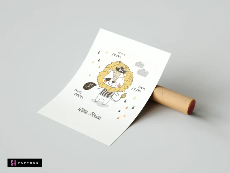 Hand-drawn pirate lion nursery art print with yellow mane, eye patch, and adventure theme.
