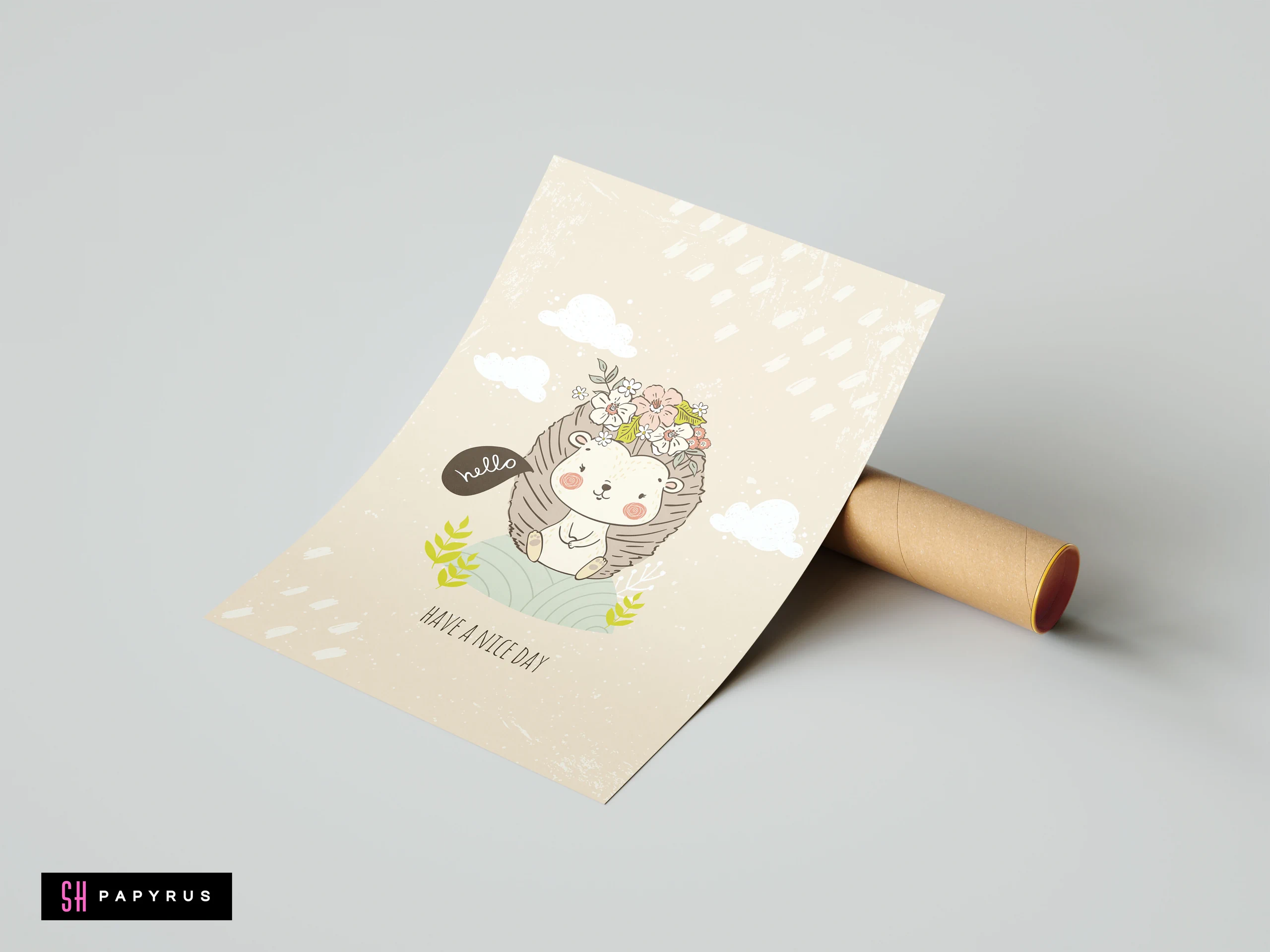 Whimsical hedgehog with a flower crown illustration, pastel woodland nursery art for girls' rooms.