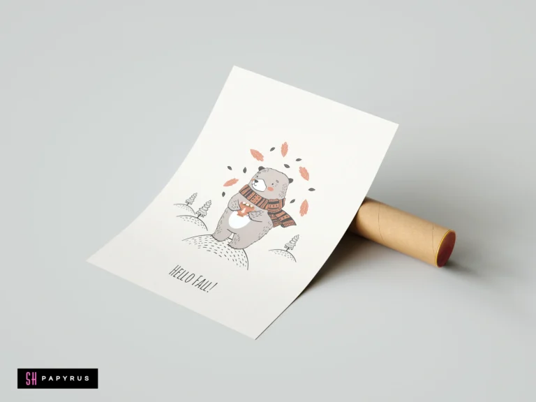 Whimsical autumn bear illustration in a scarf with falling leaves and 'Hello Fall' text.