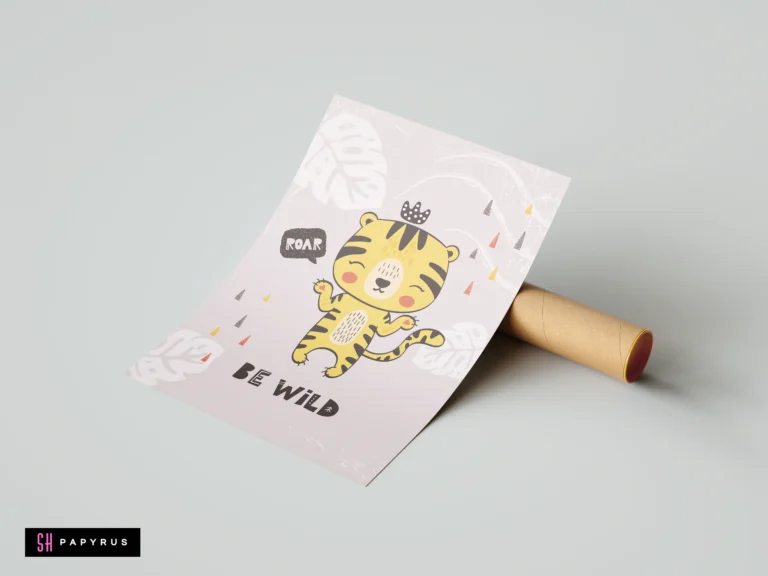 Whimsical yellow tiger cub art print with 'Be Wild' text for boho nursery decor.