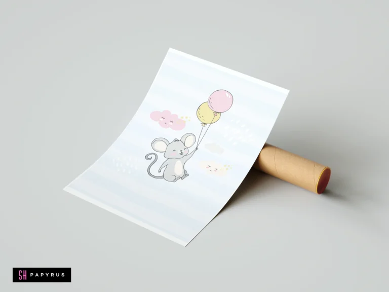 Pastel nursery illustration of a cute grey mouse floating with balloons among pink clouds.
