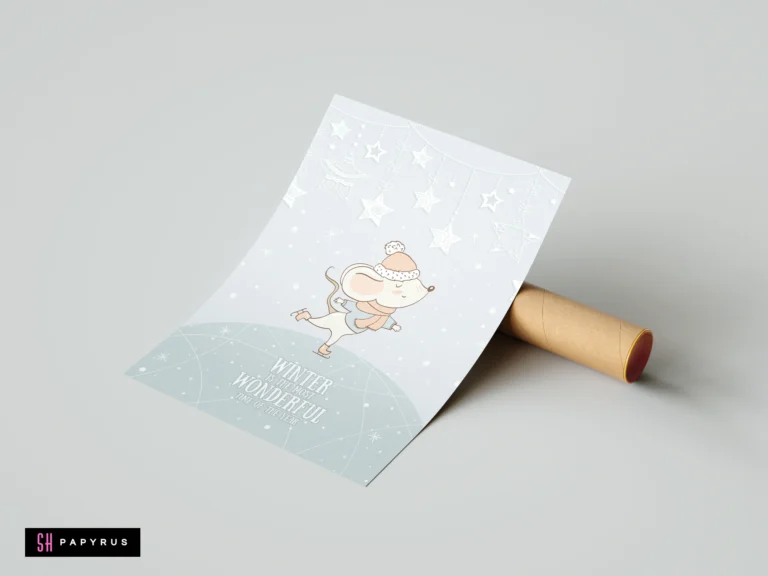 Whimsical pastel nursery print of a cute mouse ice skating with festive winter decorations.