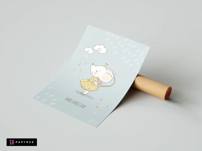 Whimsical nursery print featuring a cute mouse in a yellow dress and golden crown.