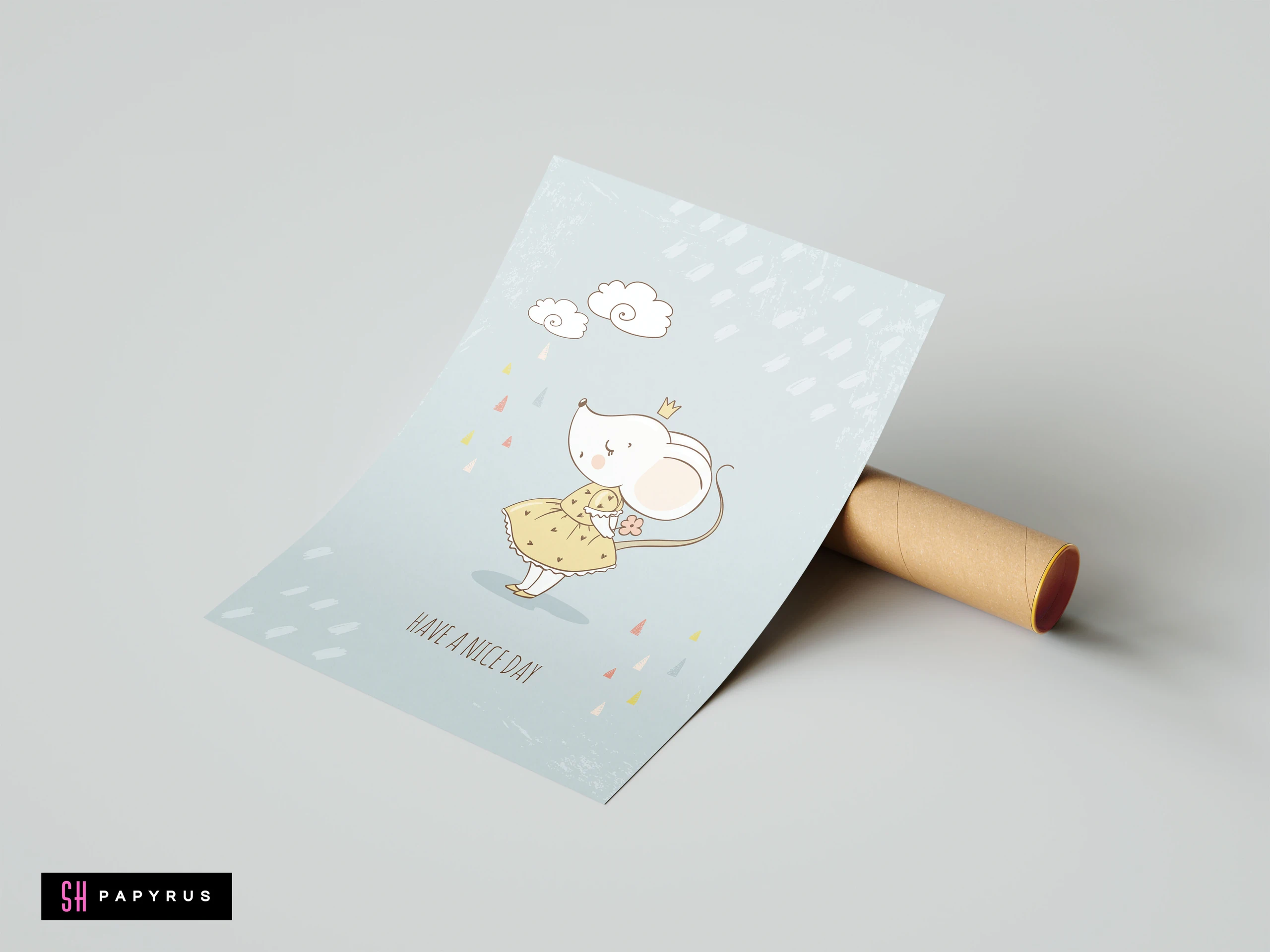 Whimsical nursery print featuring a cute mouse in a yellow dress and golden crown.
