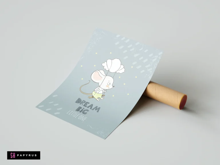 Whimsical nursery art featuring a mouse on a cloud swing with Dream Big text.
