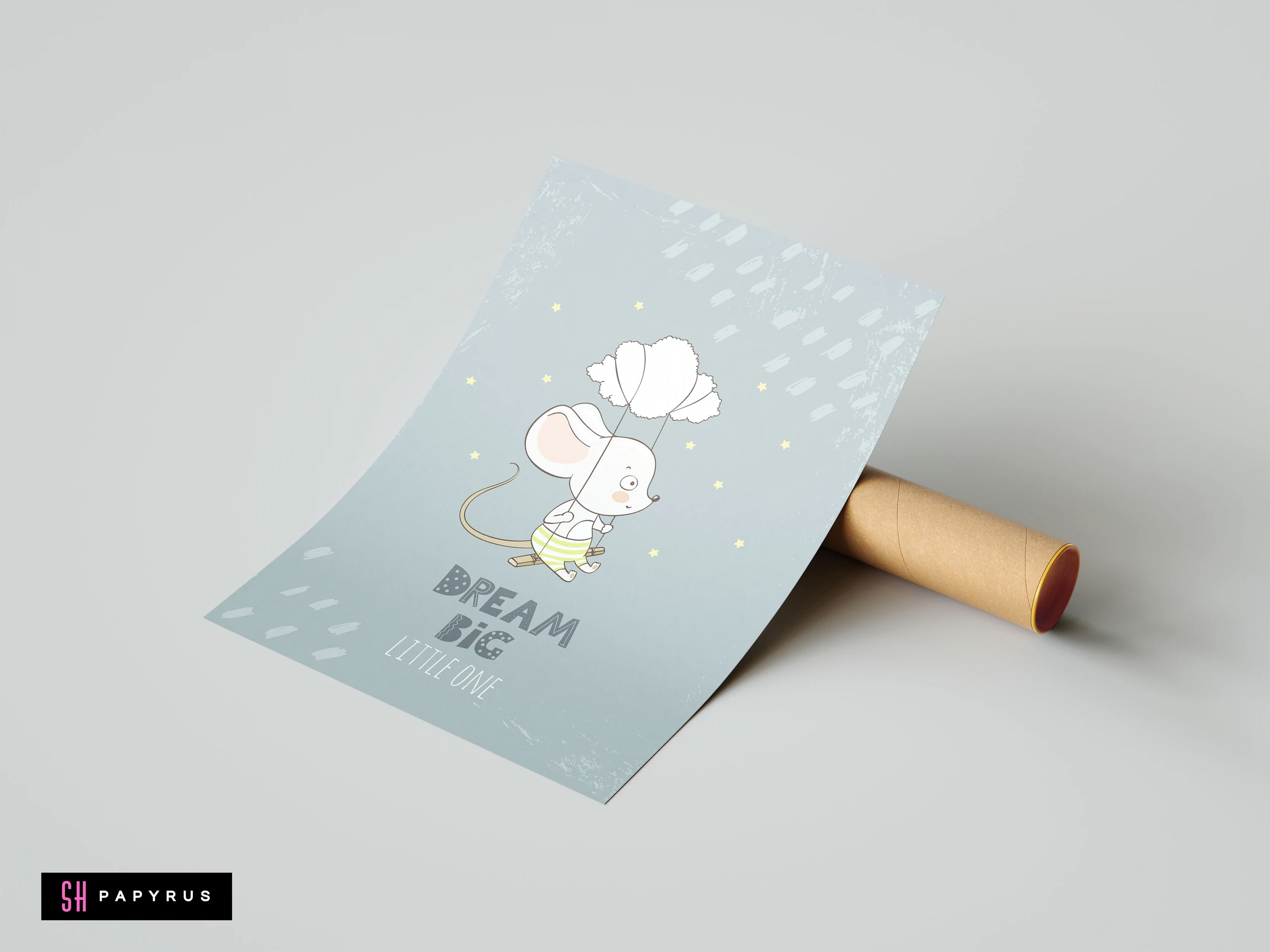 Whimsical nursery art featuring a mouse on a cloud swing with Dream Big text.