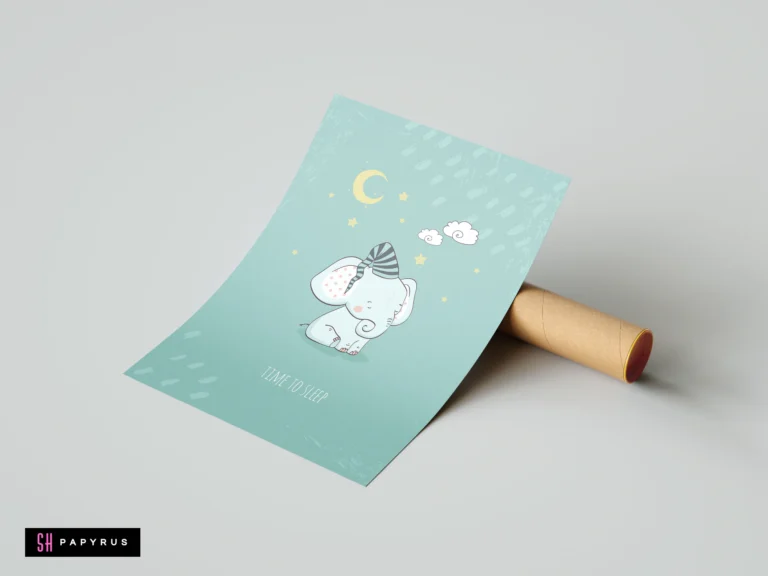 Whimsical blue nursery art print featuring a sleeping baby elephant with stars and moon.