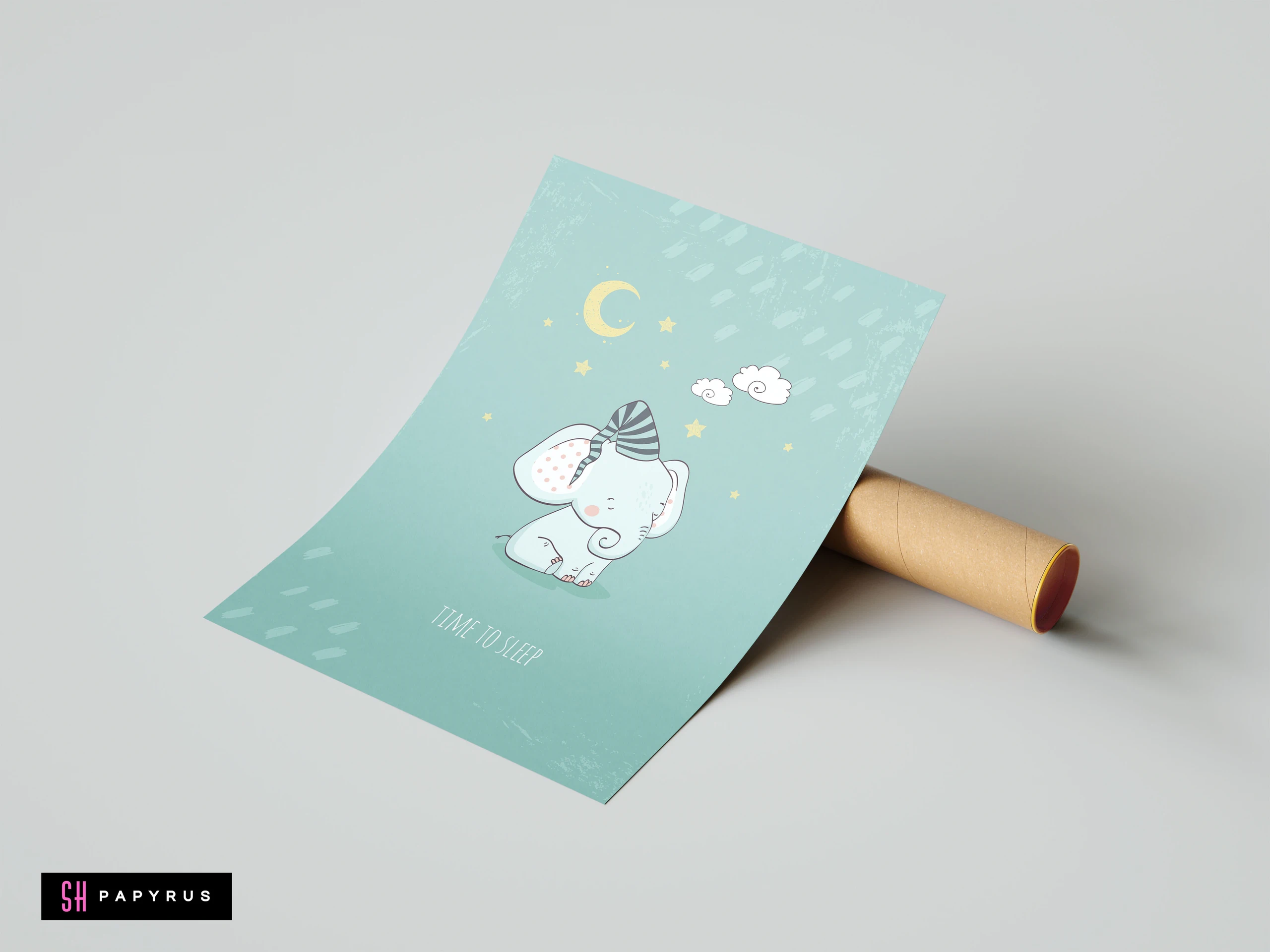 Whimsical blue nursery art print featuring a sleeping baby elephant with stars and moon.