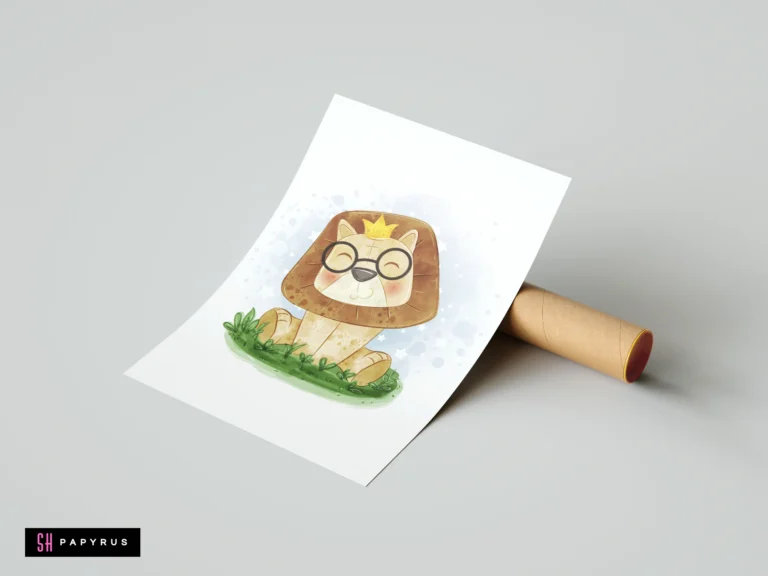 Watercolor nursery art print featuring a cute lion cub wearing black glasses and a crown.