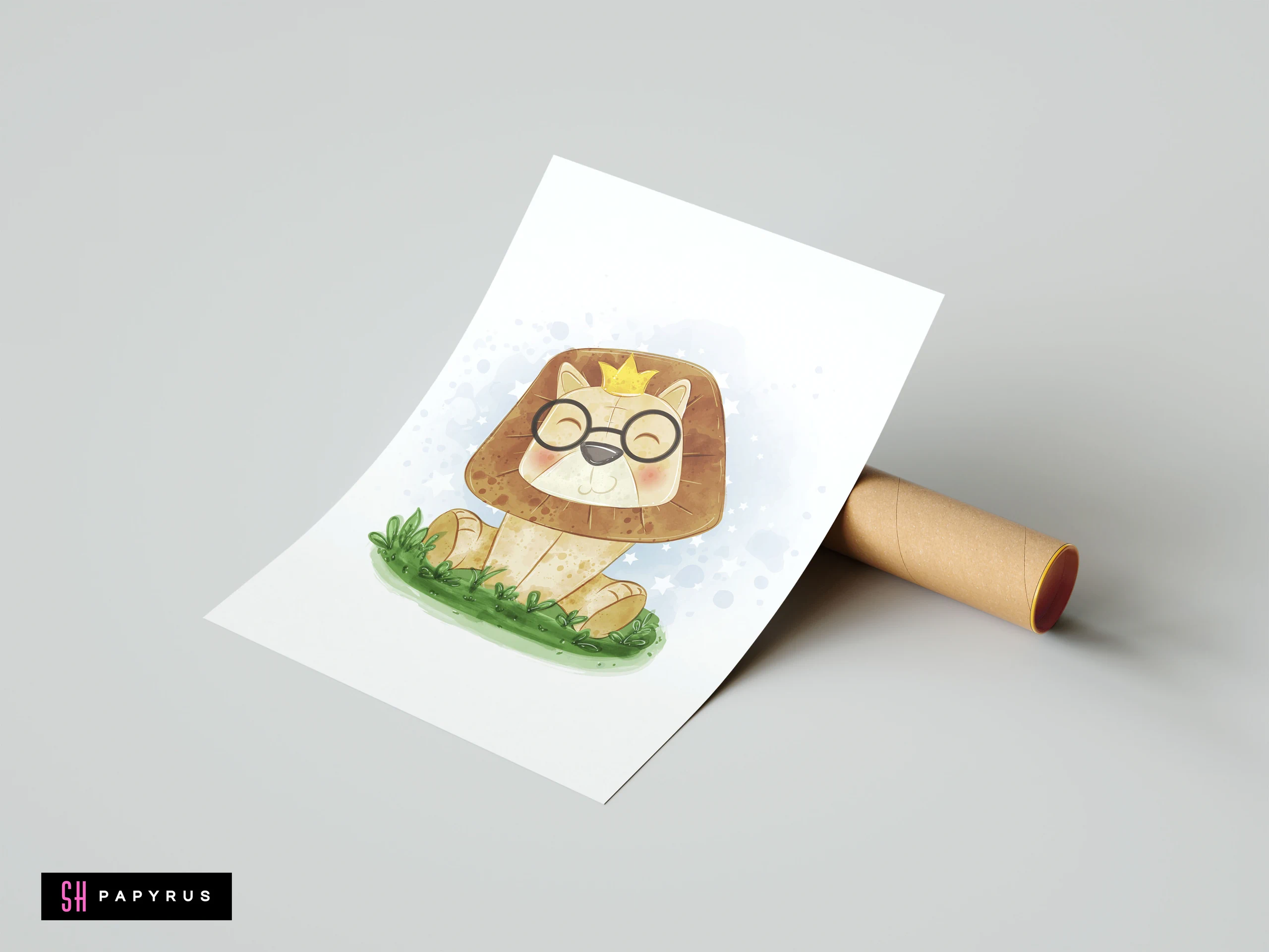 Watercolor nursery art print featuring a cute lion cub wearing black glasses and a crown.