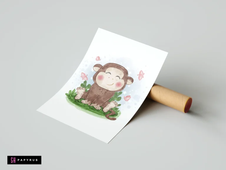 Watercolor nursery art print of a smiling brown monkey with pink butterflies and stars.