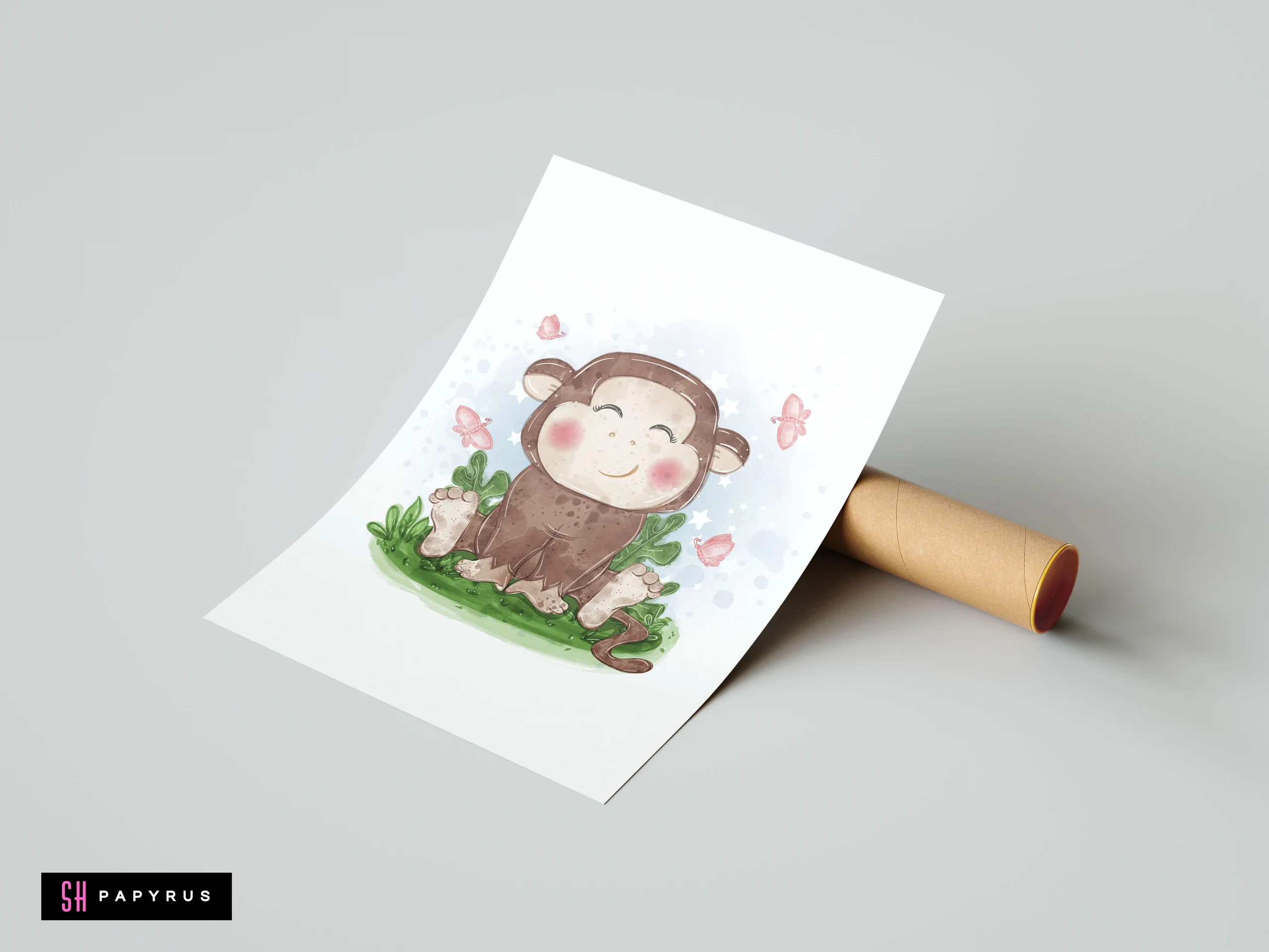 Watercolor nursery art print of a smiling brown monkey with pink butterflies and stars.