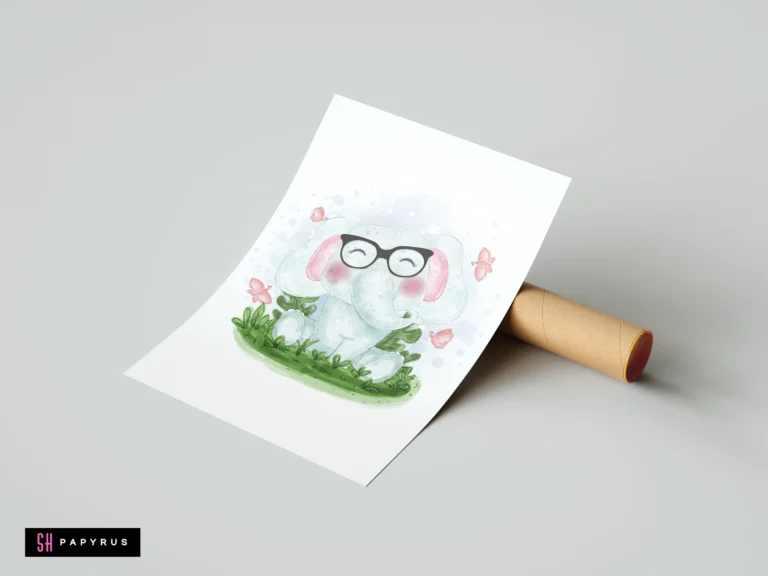Watercolor illustration of a cute white elephant wearing black glasses, pink butterflies, and green grass.