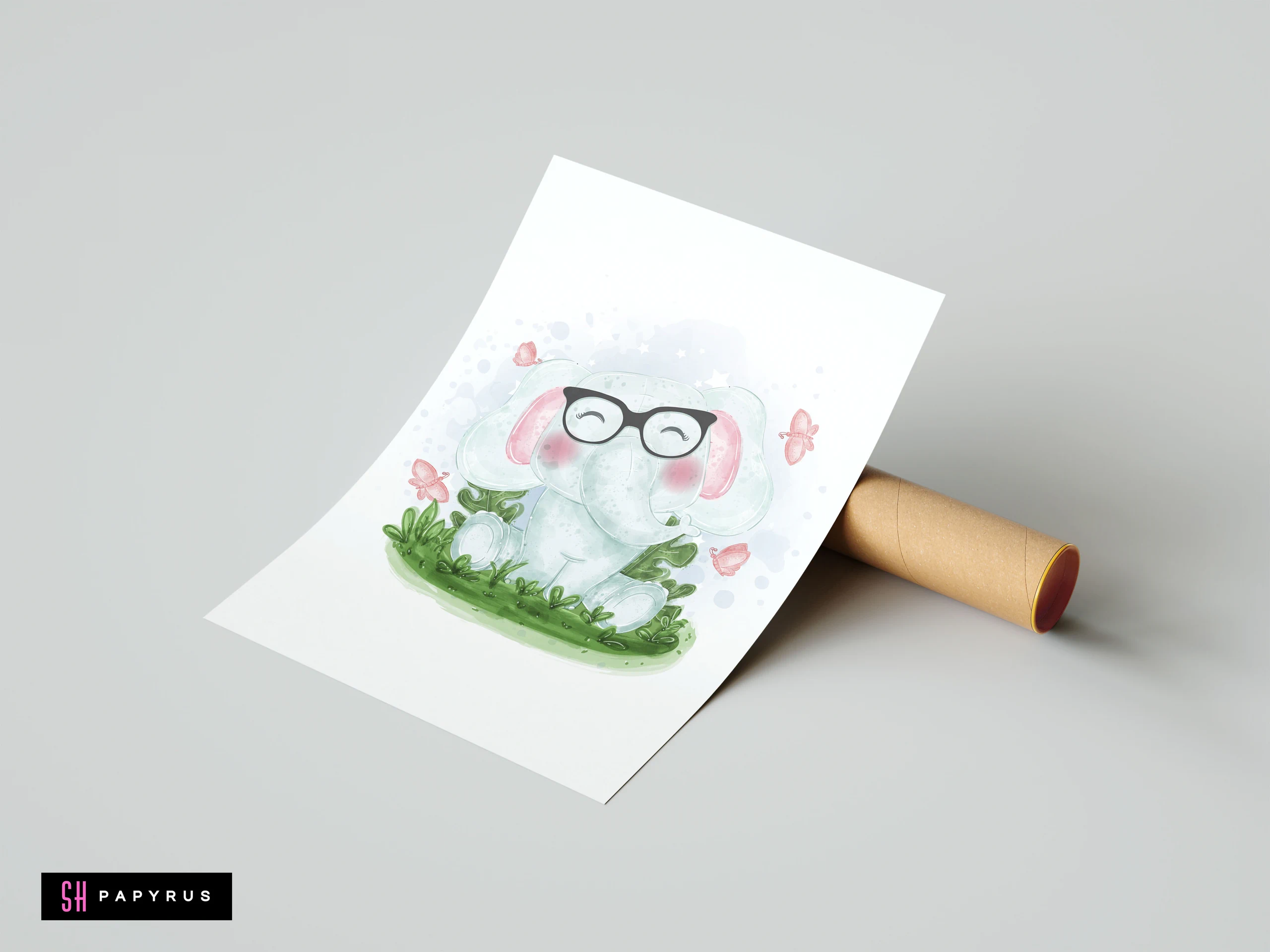 Watercolor illustration of a cute white elephant wearing black glasses, pink butterflies, and green grass.