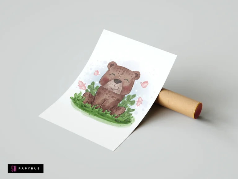 Watercolor illustration of a cute brown bear with pink butterflies for nursery wall decor.