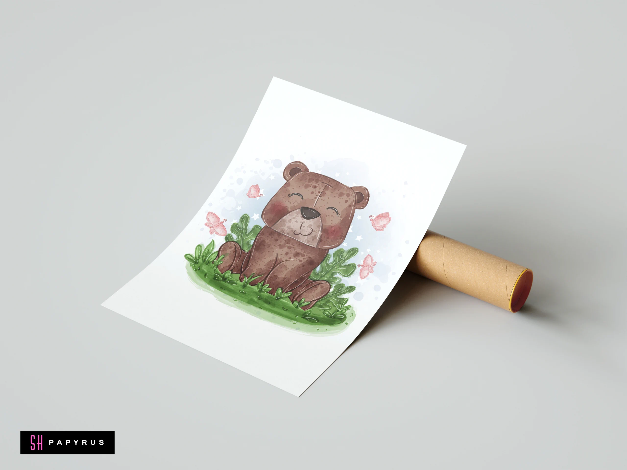 Watercolor illustration of a cute brown bear with pink butterflies for nursery wall decor.