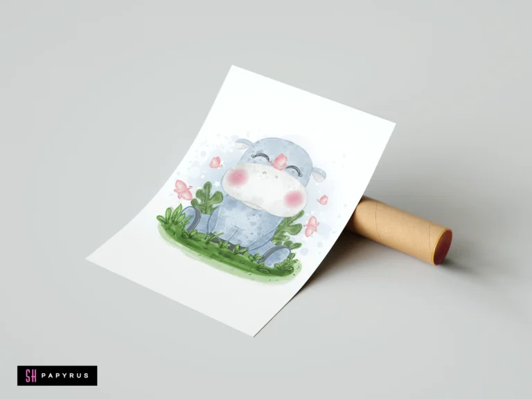 Cute blue watercolor hippo with pink butterflies and green grass on a nursery art print.
