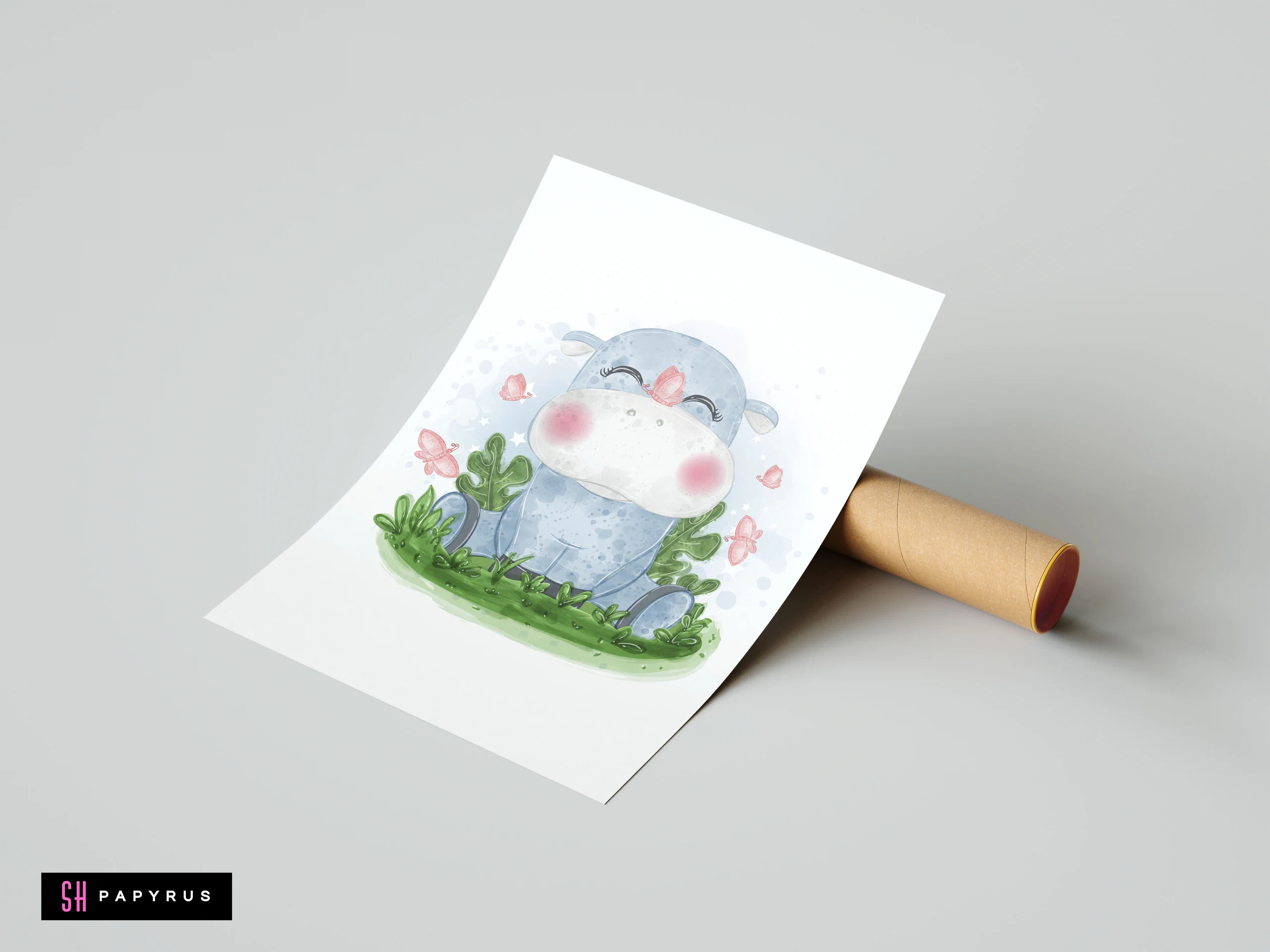 Cute blue watercolor hippo with pink butterflies and green grass on a nursery art print.
